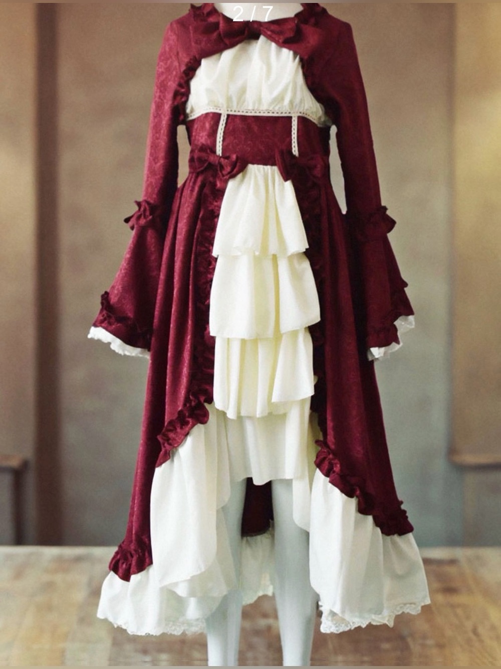 Victorian/Gothic Lolita Burgundy & Cream Tiered Ruffle High-Low new, 2 sizes